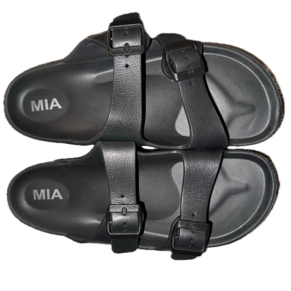 MIA Black Double Buckle Comfort Slide Sandals Contoured Footbed Size 7 - Picture 3 of 3